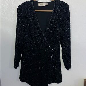 Size Medium VINTAGE Black Sequin Wrap Dress